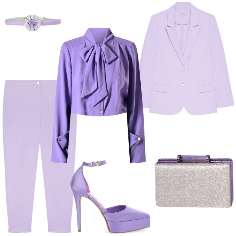 Outfit donna - Il tailleur elegante per una cerimonia. Stile Chic per Cerimonia. Abbinamento con anelli, bluse, pochette, blazer, pantaloni, décolleté.