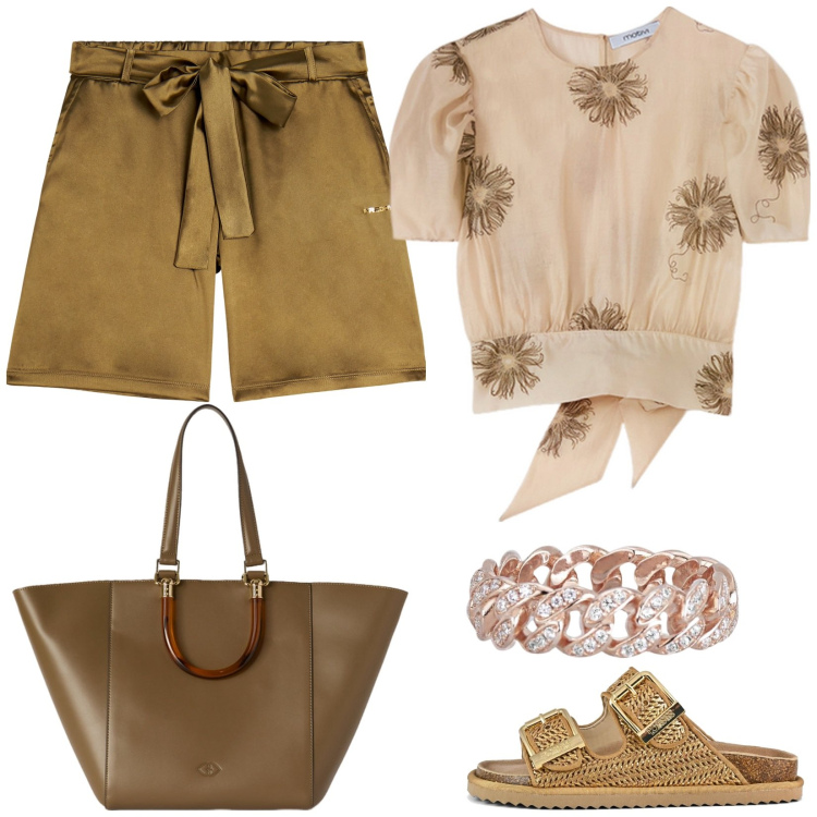 Outfit donna - Shorts e blusa. Stile Casual chic per Tutti i giorni. Abbinamento con anelli, bermuda, sandali, bluse, shopping bag.