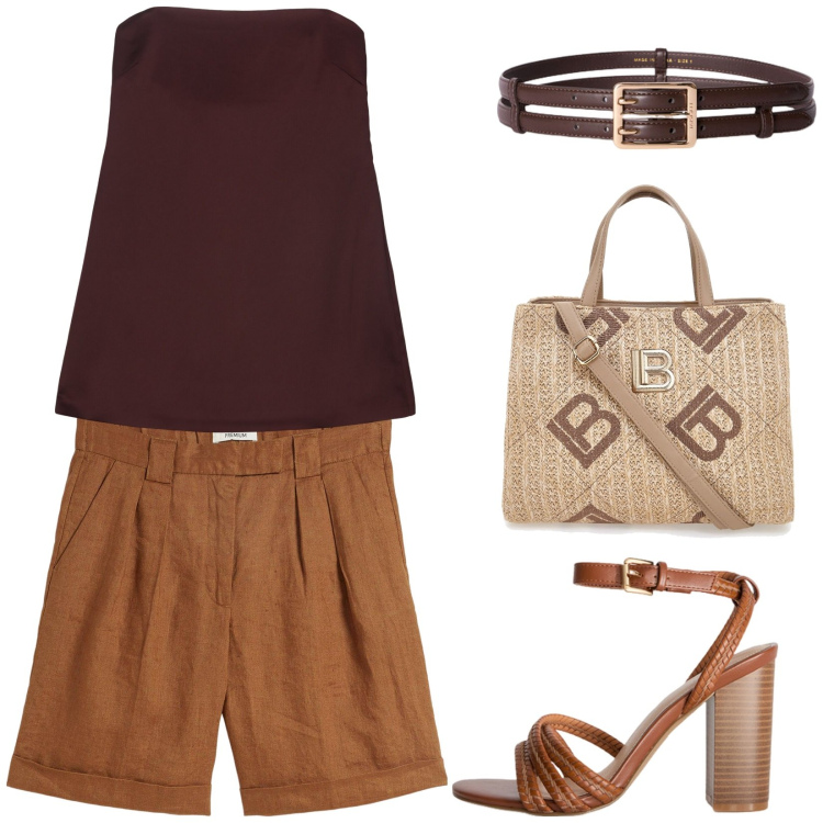 Outfit donna - Chic in bermuda. Stile Casual chic per Tutti i giorni. Abbinamento con bermuda, top, borse a tracolla, sandali col tacco, cinture.