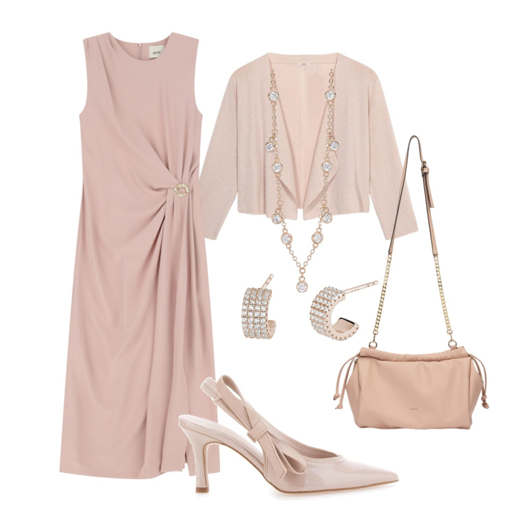 Outfit donna - Cerimonia in quarzo rosa. Stile Bon Ton per Cerimonia. Abbinamento con collane, orecchini, vestiti midi/longuette, décolleté, cardigans, borse a tracolla.