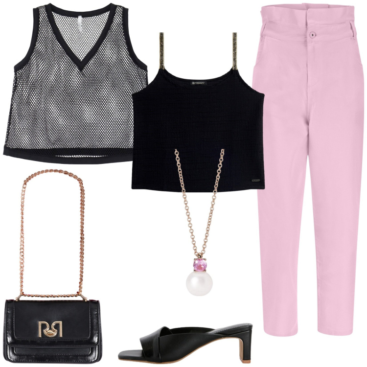 Outfit donna - Black and Pink. Stile Glamour per Serata fuori. Abbinamento con collane, borse a tracolla, t-shirt, jeans, canottiere, sabot.