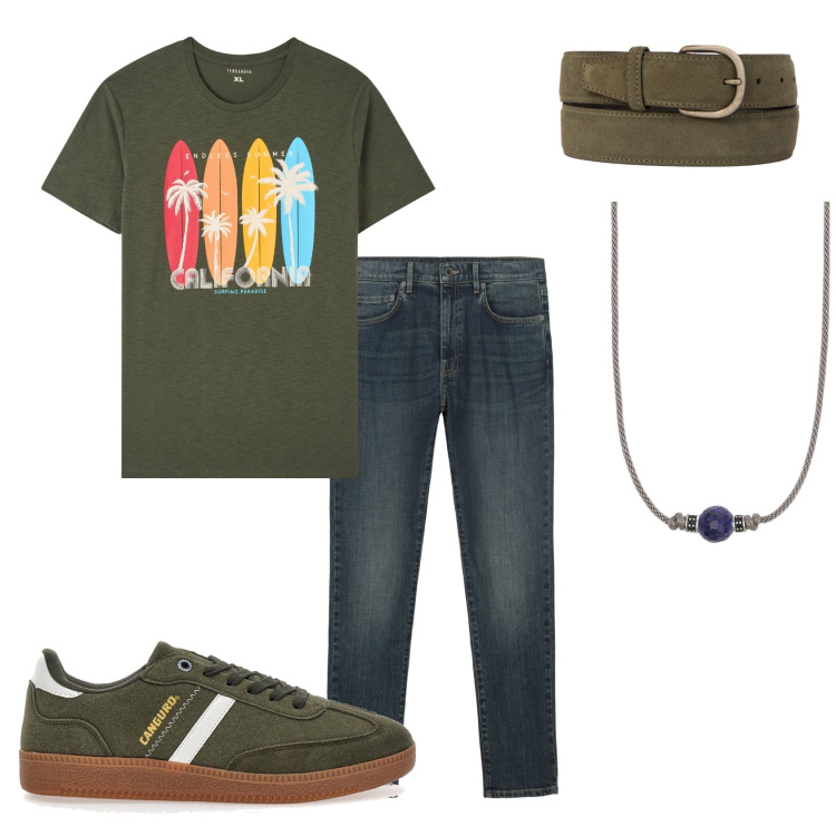 Outfit uomo - Tutto bene. Stile Casual per Tutti i giorni. Abbinamento con t-shirt, collane, sneakers, cinture, jeans.