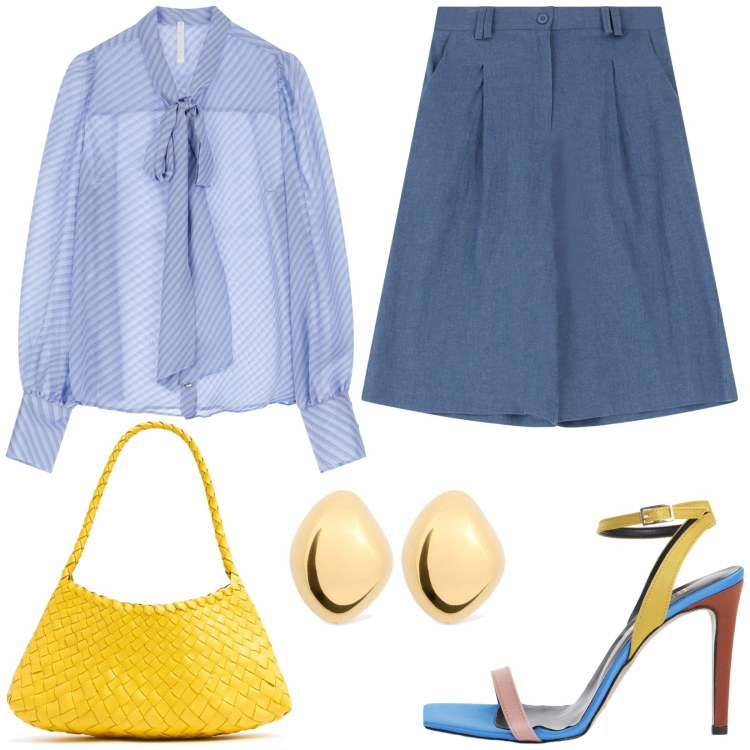 Outfit donna - Colore per gli accessori. Stile Glamour per Tutti i giorni. Abbinamento con bermuda, camicie, sandali col tacco, borse a spalla, orecchini.