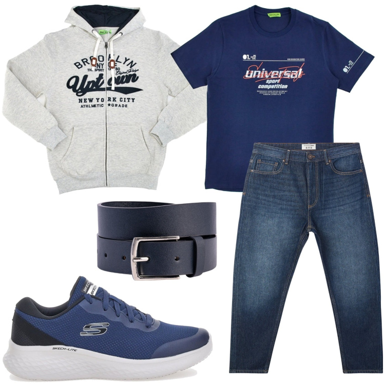 Outfit uomo - Casual per il pranzo. Stile Casual per Tutti i giorni. Abbinamento con jeans, sneakers, felpe con cappuccio, t-shirt, cinture.