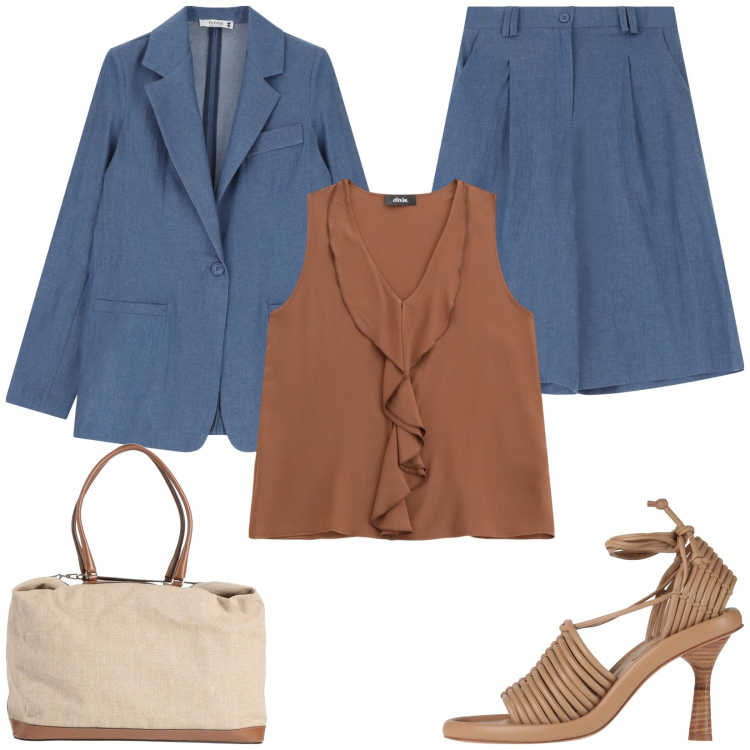 Outfit donna - Tailleur con bermuda. Stile Casual chic per Cerimonia. Abbinamento con sandali in pelle, borse a mano, bermuda, blazer, top.