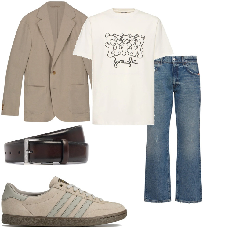 Outfit uomo - A cena con te. Stile Trendy per Tutti i giorni. Abbinamento con giacche, cinture, t-shirt, jeans, sneakers.