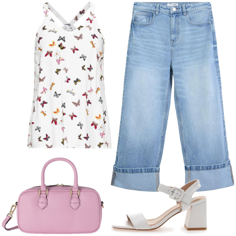 Outfit donna - Un caffè con le amiche. Stile Casual per Tutti i giorni. Abbinamento con top, jeans, sandali col tacco, borse a mano.