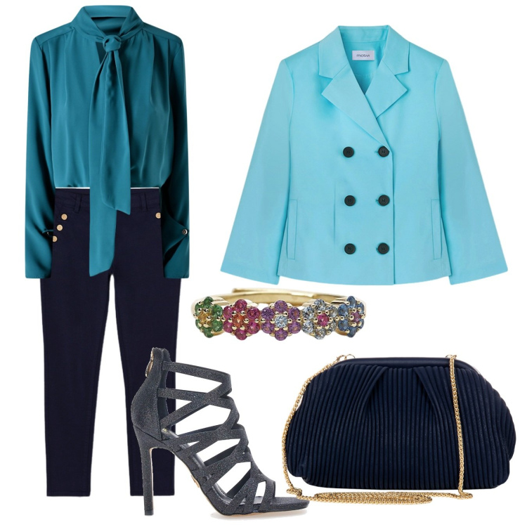 Outfit donna - Io & Matthias. Stile Trendy per Serata fuori. Abbinamento con pochette, bluse, anelli, sandali col tacco, blazer, pantaloni.