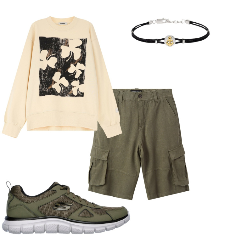 Outfit uomo - Sportivo in città. Stile Urban per Tutti i giorni. Abbinamento con braccialetti, bermuda, felpe, sneakers.