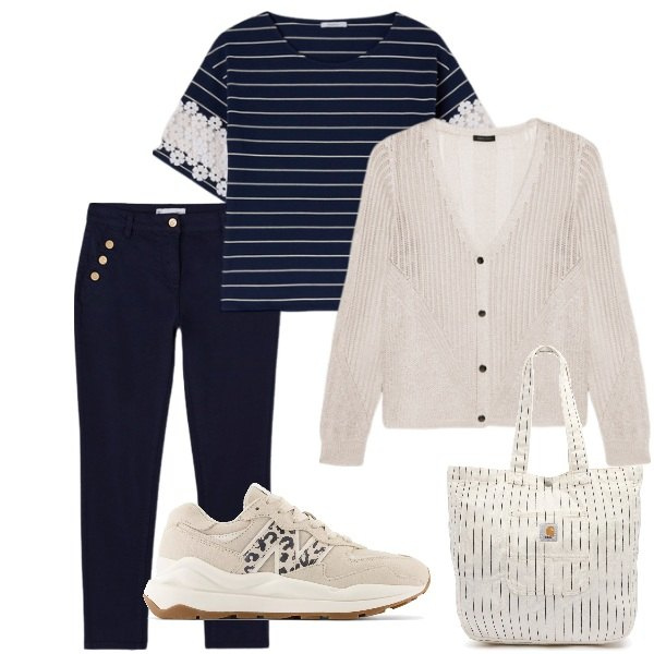 Outfit donna - A spasso per la città. Stile Casual per Tutti i giorni. Abbinamento con sneakers, cardigans, pantaloni, t-shirt, borse tote.