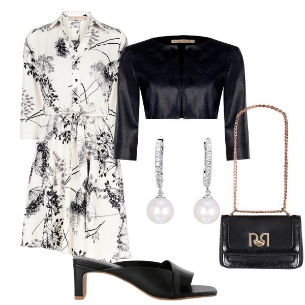 Outfit donna - Semplice ed elegante. Stile Glamour per Cerimonia. Abbinamento con orecchini, vestiti chemisier, bolero, borse a tracolla, sabot.