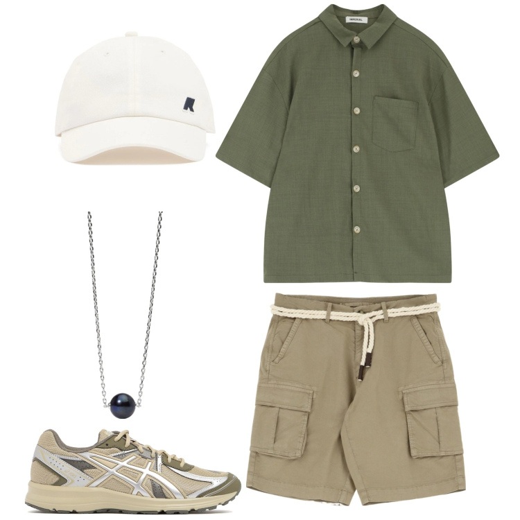 Outfit uomo - Esplorare. Stile Casual per Tutti i giorni. Abbinamento con collane, camicie a manica corta, bermuda, sneakers, cappelli.