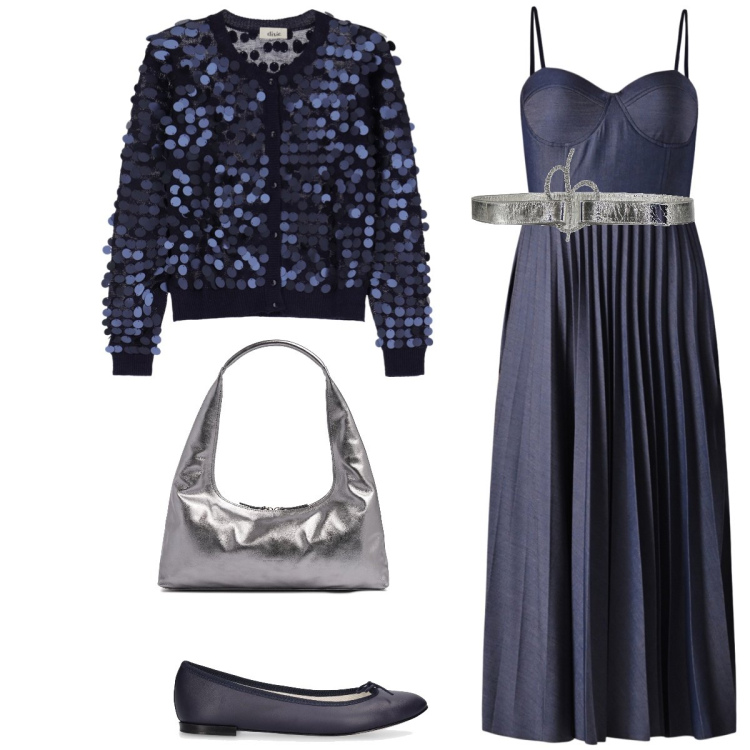 Outfit donna - Denim chic. Stile Chic per Serata fuori. Abbinamento con cinture, vestiti midi/longuette, cardigans, ballerine, borse a spalla.