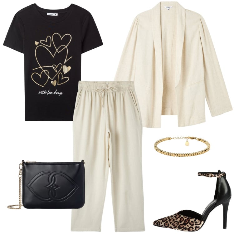 Outfit donna - Burro e nero. per Tutti i giorni. Abbinamento con t-shirt, pantaloni, blazer, décolleté, braccialetti, pochette.