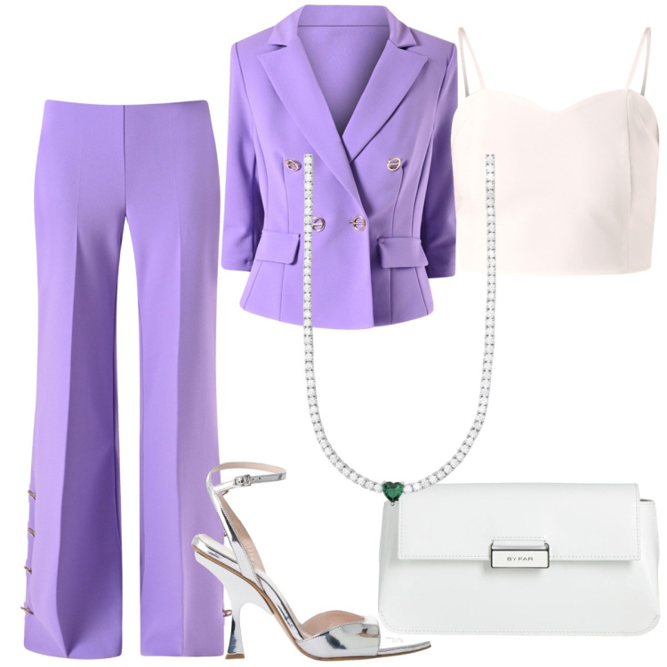 Outfit donna - Eleganza del tailleur-focus donna curvy. Stile Glamour per Cerimonia. Abbinamento con borse a mano, pantaloni a palazzo, canottiere, blazer, collane, décolleté.