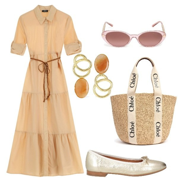 Outfit donna - Domenica mattina. Stile Casual per Tutti i giorni. Abbinamento con ballerine, vestiti chemisier, orecchini, shopping bag, occhiali da sole.