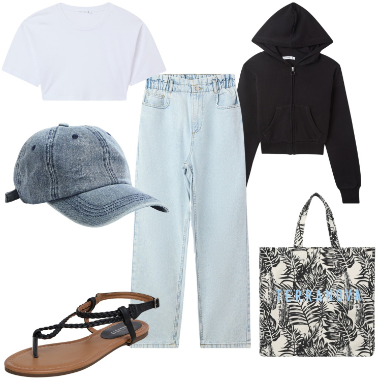 Outfit donna - Passeggiata portofino. Stile Casual per Tutti i giorni. Abbinamento con jeans, borse tote, ciabatte, t-shirt, felpe con cappuccio, cappelli.