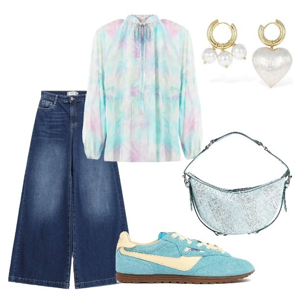 Outfit donna - A spasso per la città. Stile Casual per Tutti i giorni. Abbinamento con borse a mano, bluse, jeans, orecchini, sneakers.