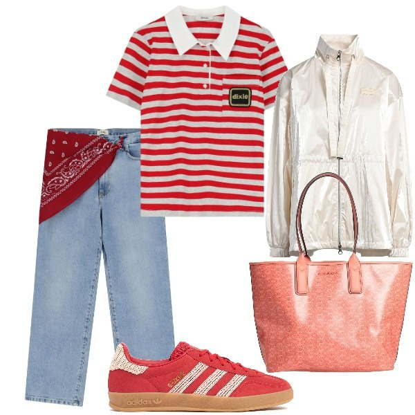 Outfit donna - La polo a righe. Stile Casual per Tutti i giorni. Abbinamento con borse a mano, blazer, jeans dritti, t-shirt, sneakers.