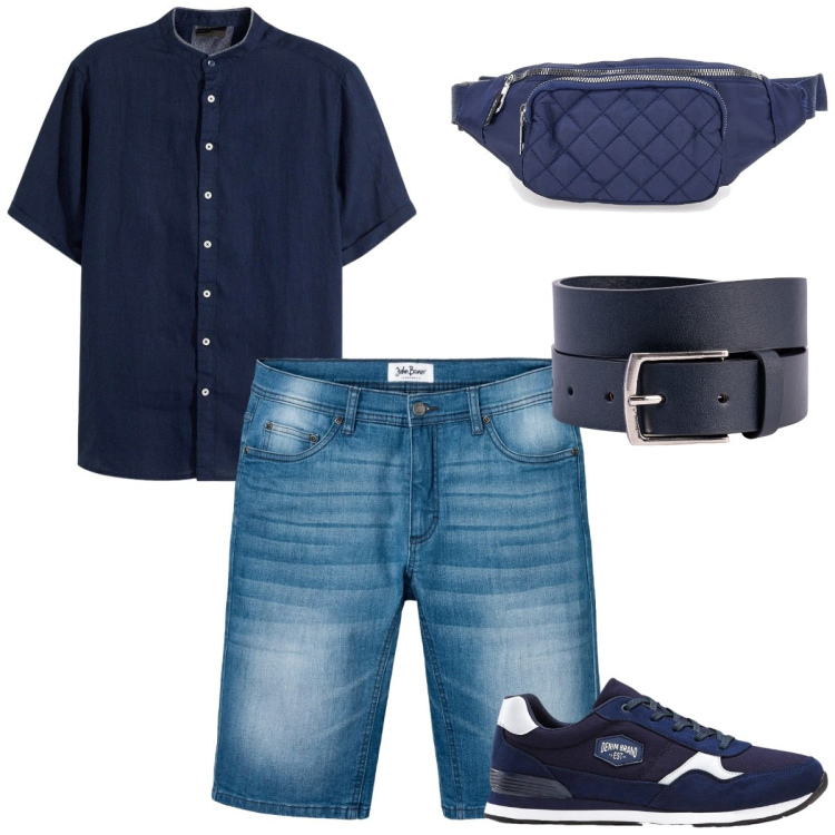 Outfit uomo - Weekend fuori porta. Stile Casual per Tutti i giorni. Abbinamento con sneakers, bermuda, camicie a manica corta, cinture, borse sportive.