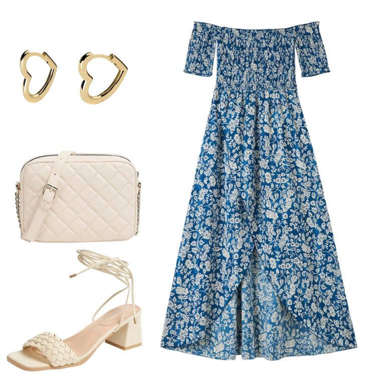 Outfit donna - Abito a fiori. Stile Romantica per Tutti i giorni. Abbinamento con vestiti lunghi, borse a tracolla, sandali alla schiava, orecchini.