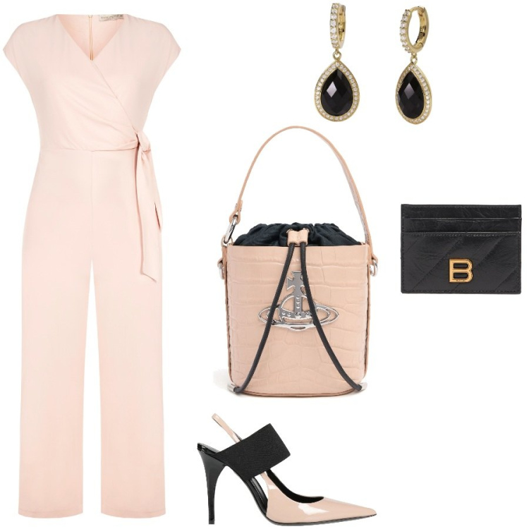 Outfit donna - Per un battesimo. Stile Chic per Cerimonia. Abbinamento con décolleté, orecchini, tute, portafogli, borse a mano.