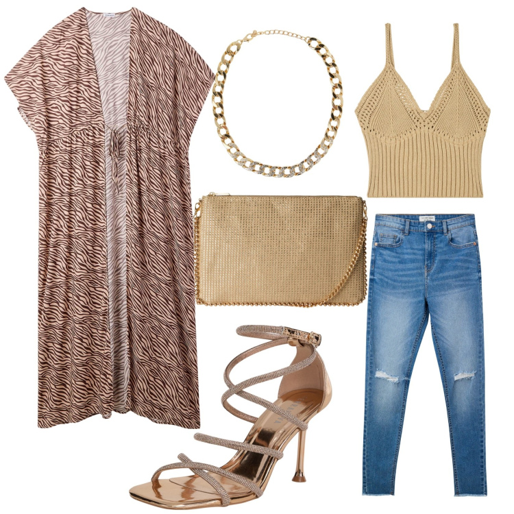 Outfit donna - Serate per locali. Stile Casual chic per Serata fuori. Abbinamento con sandali col tacco, caftani, jeans strappati, collane, borse a tracolla, top.