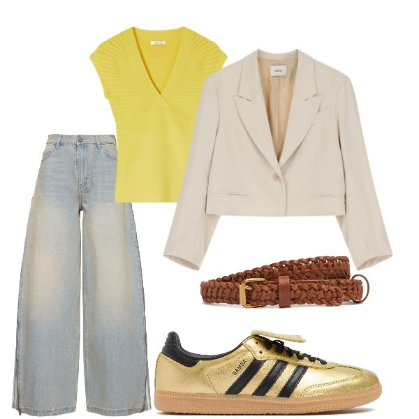 Outfit donna - A spasso per la città. Stile Casual per Tutti i giorni. Abbinamento con blazer, sneakers, cinture, pantaloni, t-shirt.