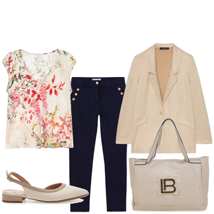 Outfit donna - È scoppiato il caldo. Stile Basic per Tutti i giorni. Abbinamento con top, ballerine, borse a spalla, blazer, pantaloni.