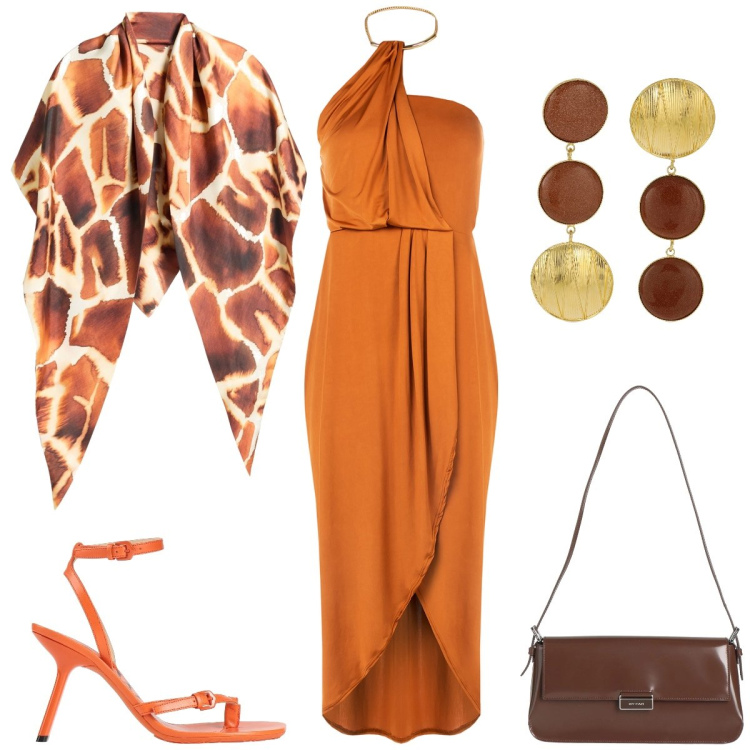 Outfit donna - Aperitivo. Stile Sexy per Serata fuori. Abbinamento con stole, ciabatte, borse a spalla, vestiti, orecchini.