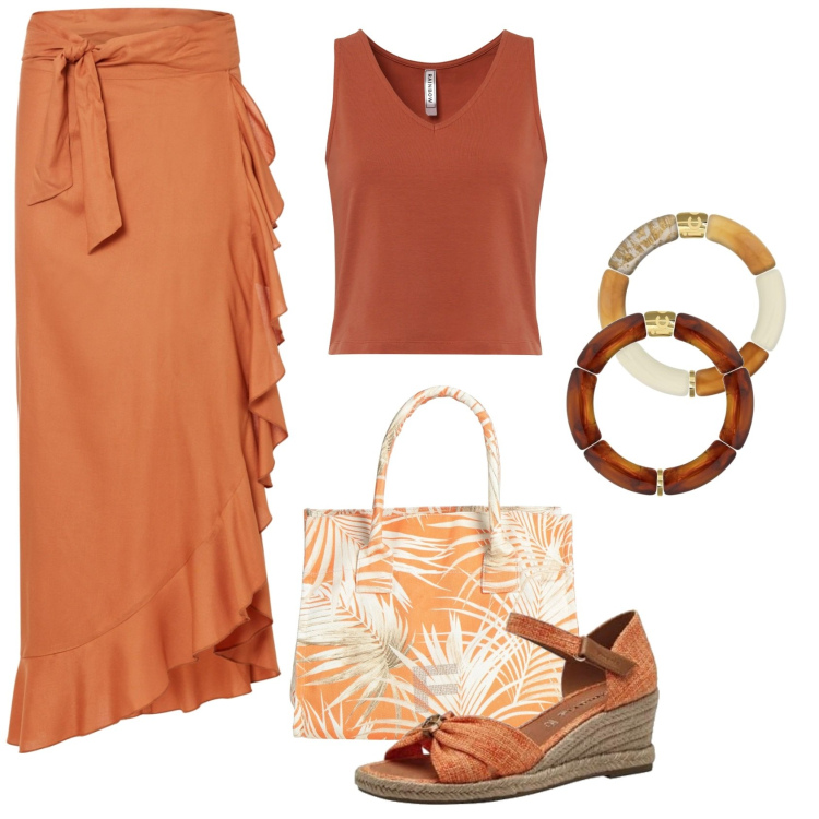 Outfit femme - Mangue. Style Boho pour Tous les jours. Assortir avec jupes longues, hauts, sandales à talon, bracelets, bracelets, sacs à main.