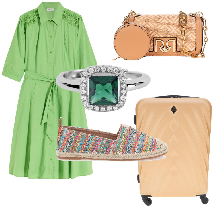Outfit donna - In partenza!. Stile Basic per Tutti i giorni. Abbinamento con vestiti chemisier, anelli, borse a tracolla, espadrillas, valigie.