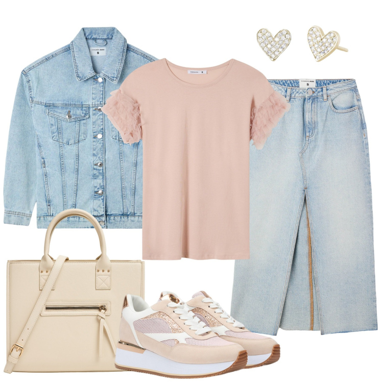 Outfit donna - La t-shirt con le ruches. Stile Casual per Tutti i giorni. Abbinamento con shopping bag, gonne lunghe, t-shirt, cappotti, orecchini, sneakers.
