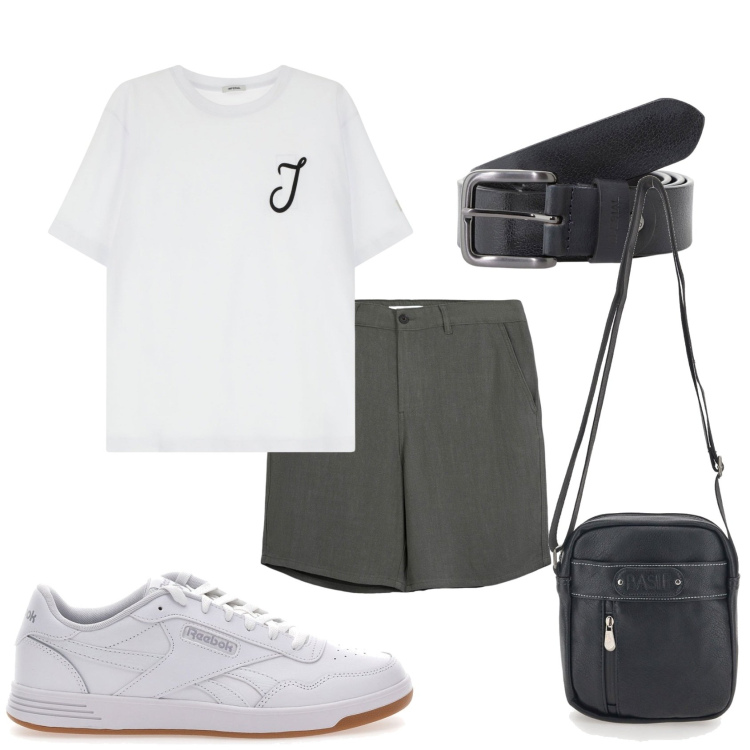 Outfit uomo - Fuori in giro per compere. Stile Casual per Tutti i giorni. Abbinamento con pantaloni corti, cinture, t-shirt, portafogli, sneakers.
