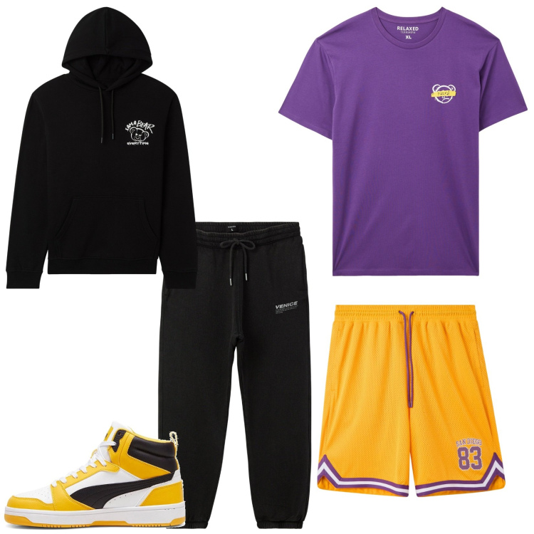 Outfit uomo - Partita di basket all\'aperto. Stile Casual per Sport. Abbinamento con t-shirt, pantaloncini sportivi, pantaloni sportivi, felpe sportive, sneakers.