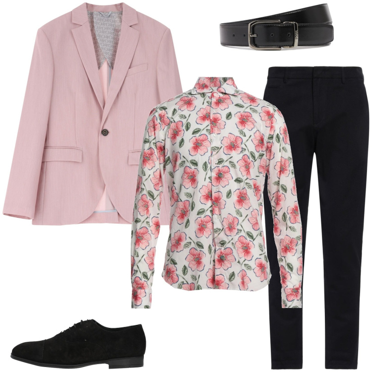 Outfit uomo - Un tocco primaverile. Stile Trendy per Serata speciale. Abbinamento con camicie, pantaloni chino, scarpe stringate, giacche, cinture.