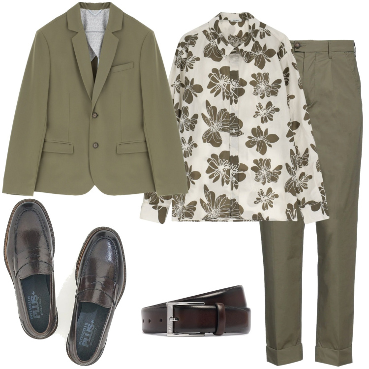 Outfit uomo - Camicia floreale per l\'ufficio. Stile Business/Elegante per Ufficio. Abbinamento con pantaloni, giacche, camicie, scarpe stringate, cinture.