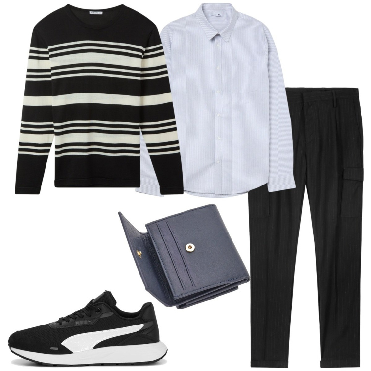 Outfit uomo - Dettagli a righe. Stile Business/Elegante per Ufficio. Abbinamento con camicie, maglieria, pantaloni cargo, portafogli, sneakers.