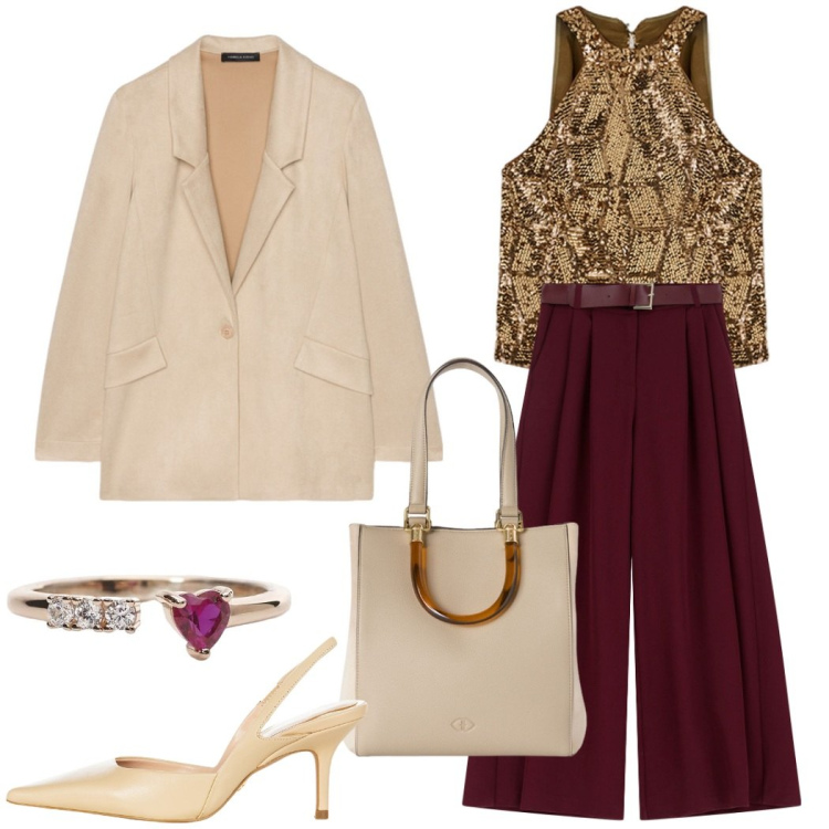 Outfit donna - Evento speciale. Stile Chic per Cerimonia. Abbinamento con anelli, décolleté, pantaloni a palazzo, blazer, top, shopping bag.