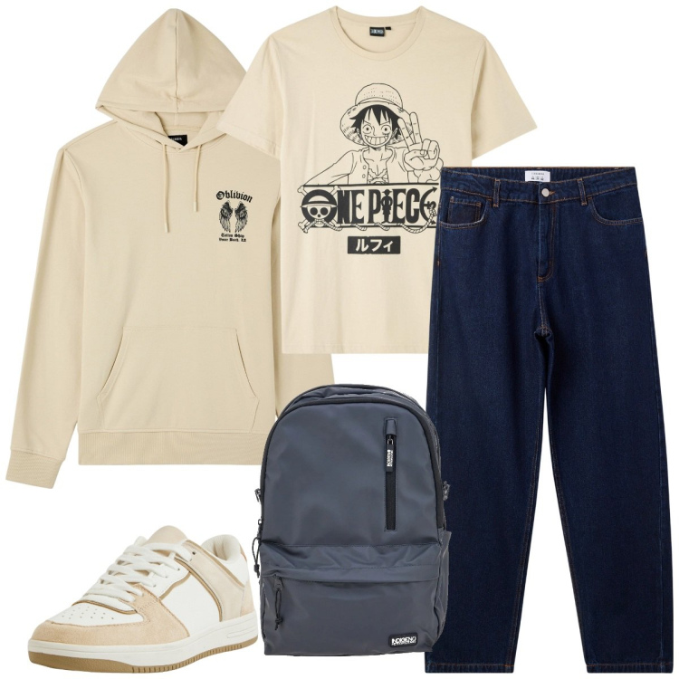 Outfit uomo - Total look #2122048. Stile Urban per Tutti i giorni. Abbinamento con felpe con cappuccio, jeans, t-shirt, sneakers, borse sportive.