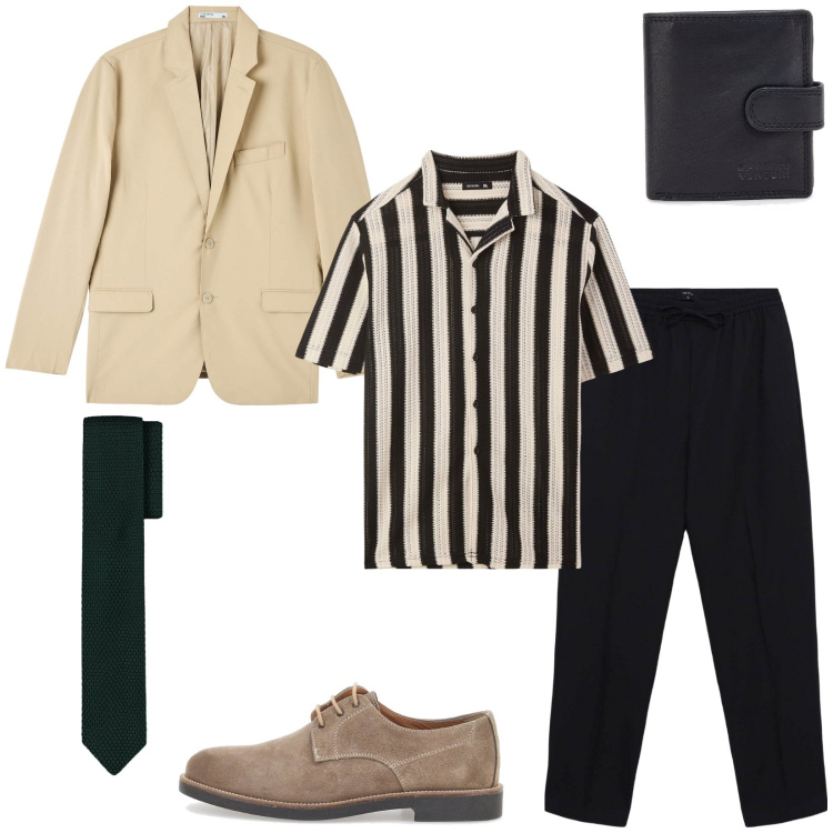 Outfit uomo - Righe verticali per la camicia estiva. Stile Trendy per Tutti i giorni. Abbinamento con giacche, pantaloni, camicie a manica corta, portafogli, scarpe stringate, cravatte.