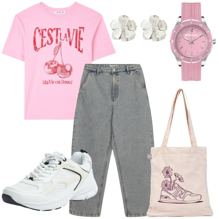 Outfit donna - Trendy pink. Stile Casual per Tutti i giorni. Abbinamento con t-shirt, jeans, sneakers, shopping bag, orologi, orecchini.