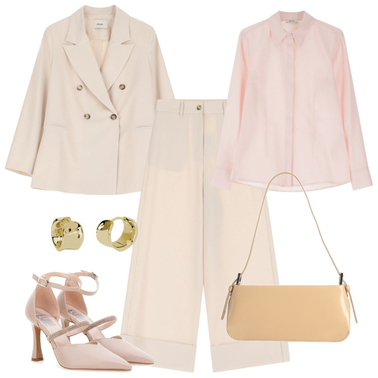 Outfit donna - L\'eleganza del tailleur. Stile Chic per Cerimonia. Abbinamento con borse a spalla, orecchini, camicie, pantaloni a palazzo, blazer, décolleté.