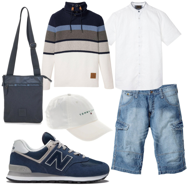 Outfit uomo - Weekend fuori porta. Stile Casual per Tutti i giorni. Abbinamento con bermuda, camicie a manica corta, maglieria, sneakers, portafogli, cappelli.