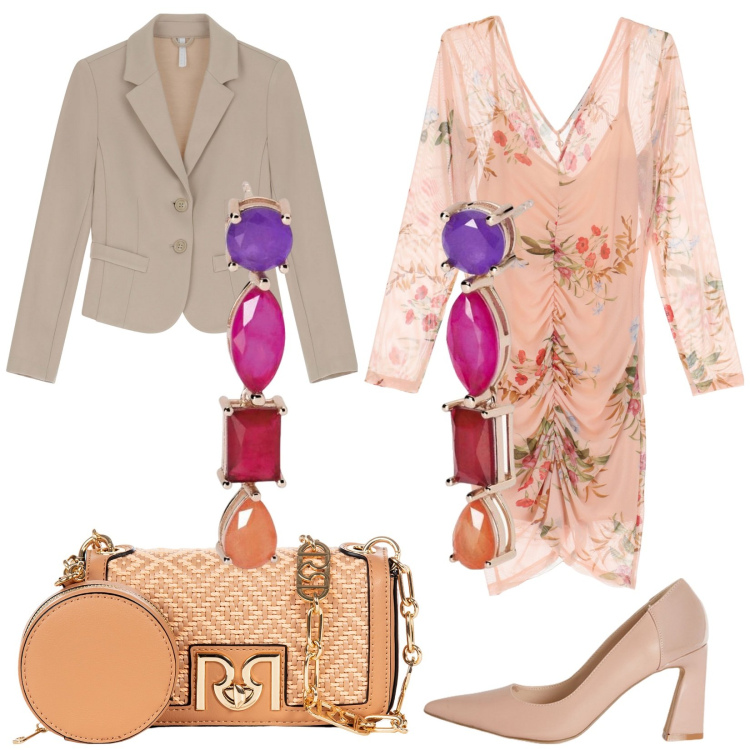 Outfit donna - L\'abito floreale. Stile Glamour per Cerimonia. Abbinamento con orecchini, borse a tracolla, vestiti corti, blazer, décolleté.