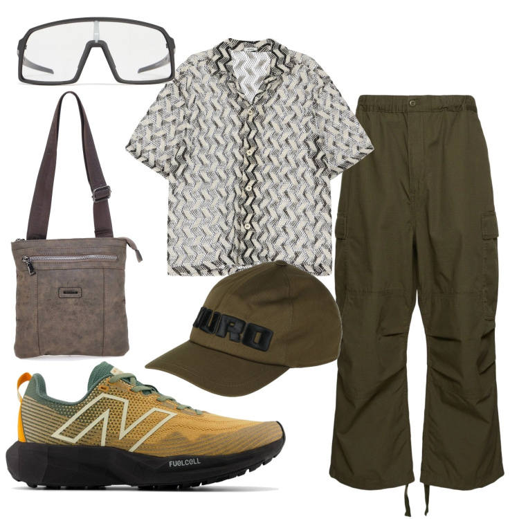 Outfit uomo - Safari urbano. Stile Casual per Tutti i giorni. Abbinamento con cappelli con visiera, sneakers, camicie a manica corta, portafogli, occhiali da sole, pantaloni cargo.