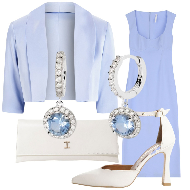 Outfit donna - Cerimonia primaverile. Stile Bon Ton per Cerimonia. Abbinamento con orecchini, bolero, vestiti midi/longuette, décolleté, pochette.