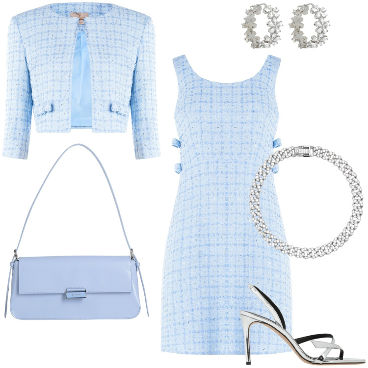 Outfit donna - Tinte pastello: delicatezza primaverile. Stile Chic per Cerimonia. Abbinamento con orecchini, borse a spalla, sandali in pelle, braccialetti, vestiti, bolero.