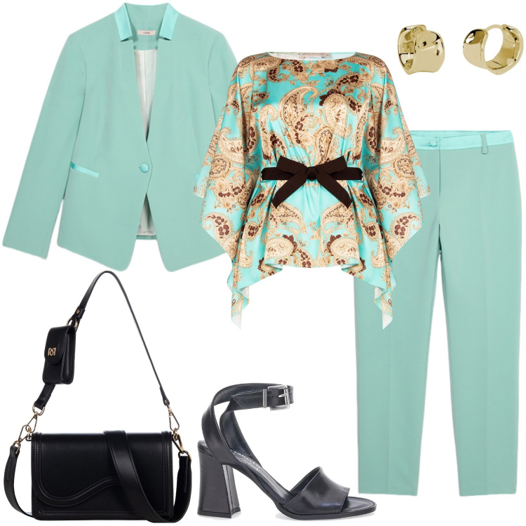 Outfit donna - Cerimonia Curvy in tailleur. Stile Chic per Cerimonia. Abbinamento con orecchini, bluse, pochette, pantaloni chino, blazer, sandali in pelle.