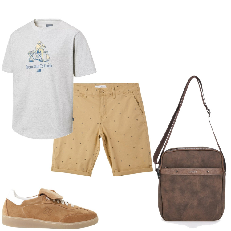 Outfit uomo - Semplice e veloce. Stile Trendy per Tutti i giorni. Abbinamento con pantaloni corti, t-shirt, sneakers, portafogli.